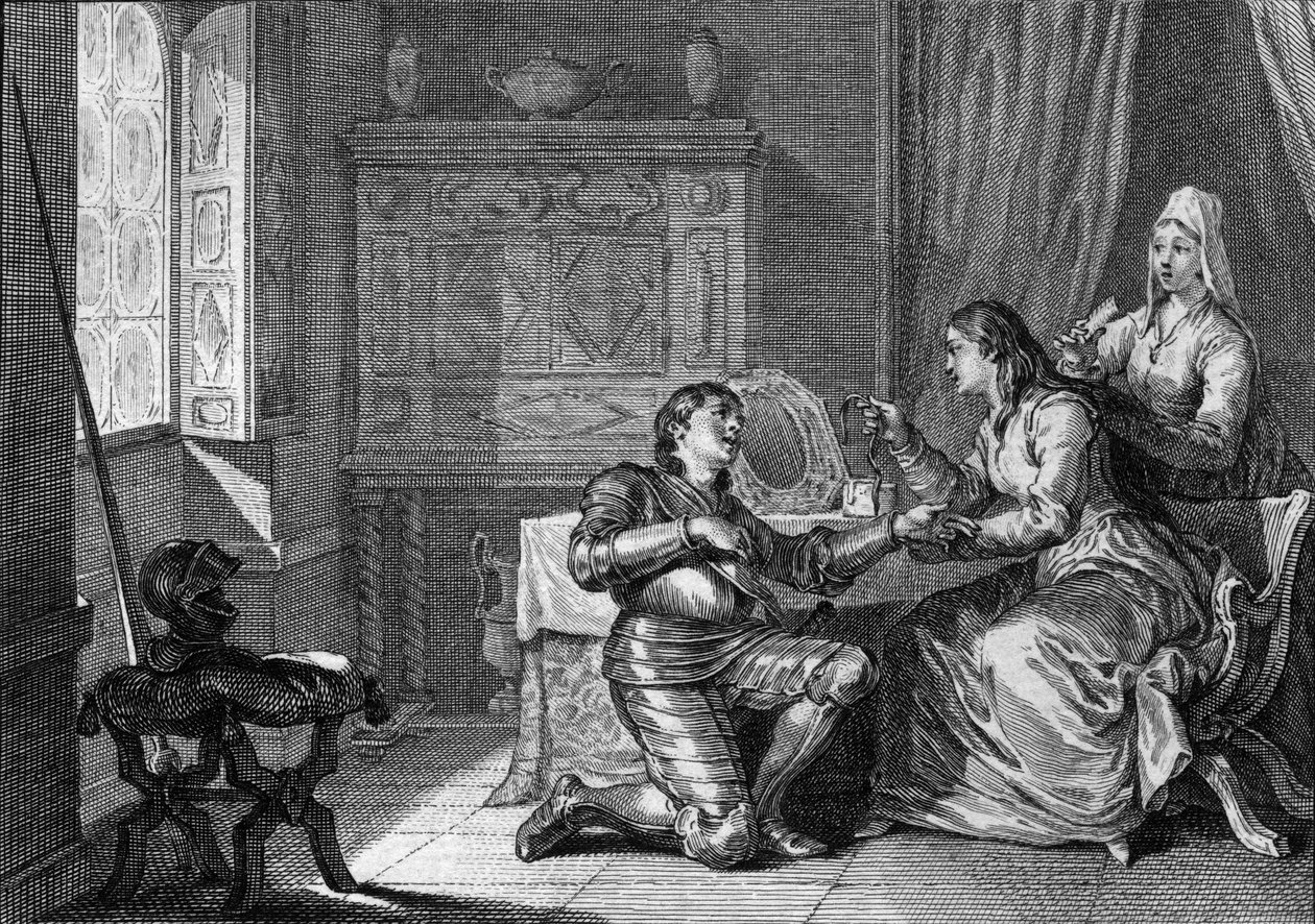 A woman offers a fabric bracelet of her hair to a knight as a pledge of love. 10th-11th century. Engraving by Jean Michel Moreau, dit Moreau le Jeune (1741-1814) by Jean Michel the Younger Moreau