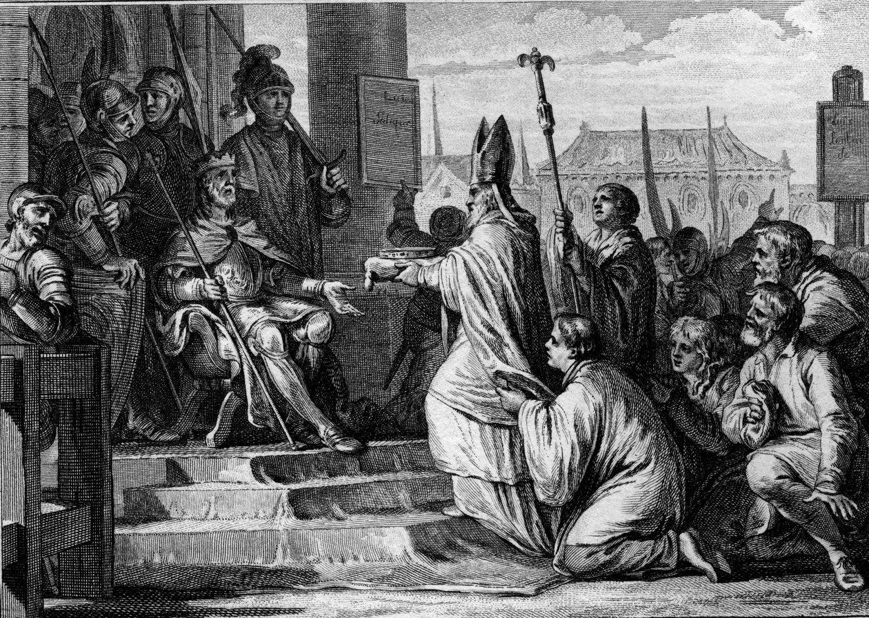 Charlemagne (747-814), king of the Franks, receiving the iron crown of Lombardy from the hands of the bishop of Milan, 774. Engraving by Jean Michel Moreau, dit Moreau le Jeune (1741-1814) by Jean Michel the Younger Moreau