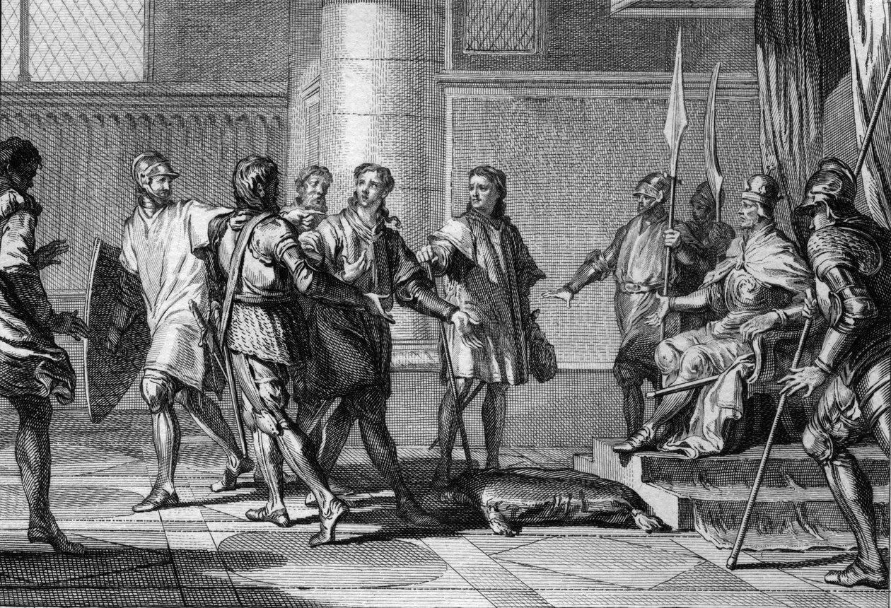 Charles, brother of King Lothaire, pays tribute to Otto II, who created the Duchy of Lower Lorraine and appointed Charles Duke of Lower Lorraine, 977 (engraving) by Jean Michel the Younger Moreau