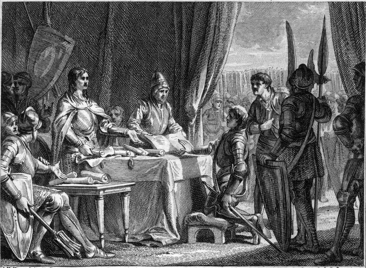 Charles Martel, King of the Francs, distributes the goods of the Church to his soldiers, 718. Engraving by Jean Michel Moreau, dit Moreau le Jeune by Jean Michel the Younger Moreau