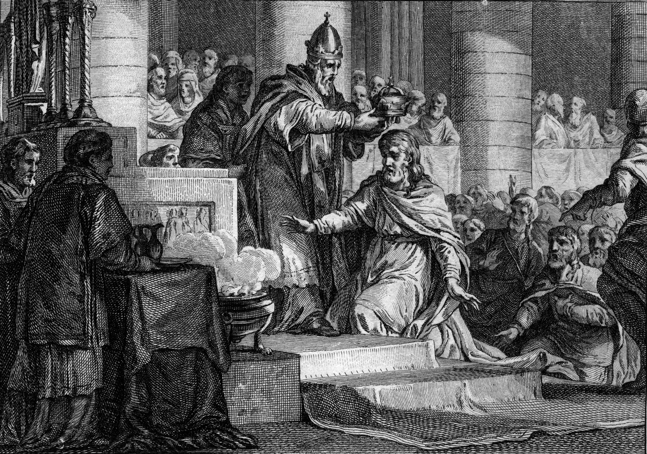 Coronation of Charlemagne, December 25, 800: The King of the Franks (747-814) is Consecrated Emperor of the West by Pope Leon III (750-816) in the Church of St. Peter in Rome. Engraving by Jean Michel Moreau, dit Moreau le Jeune by Jean Michel the Younger Moreau