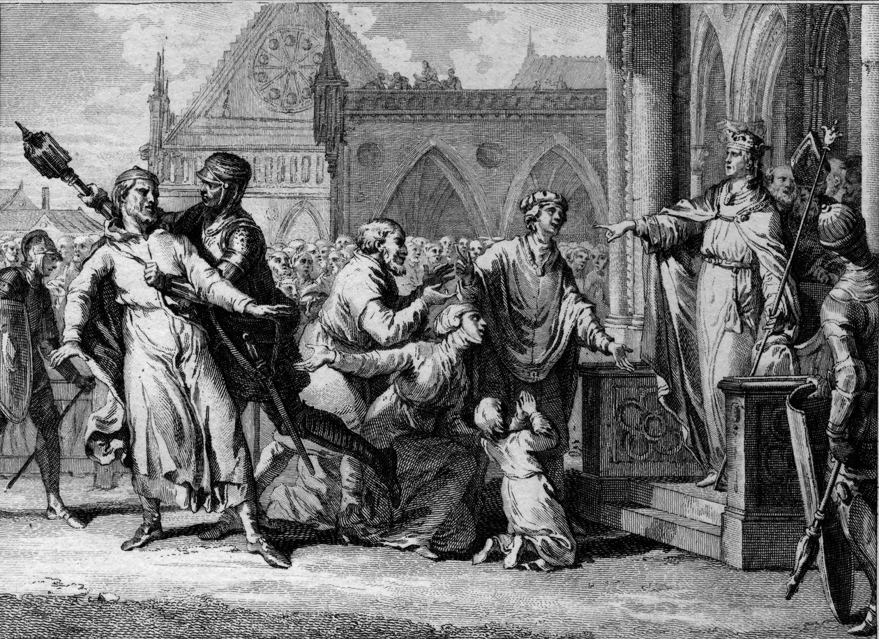 Dagobert 1st (602/605-638), King of the Franks, tries to assert the royal authority in Burgundy by hearing the complaints of the inhabitants against their lords. Engraving by Jean Michel Moreau, dit Moreau le Jeune (1741-1814) by Jean Michel the Younger Moreau