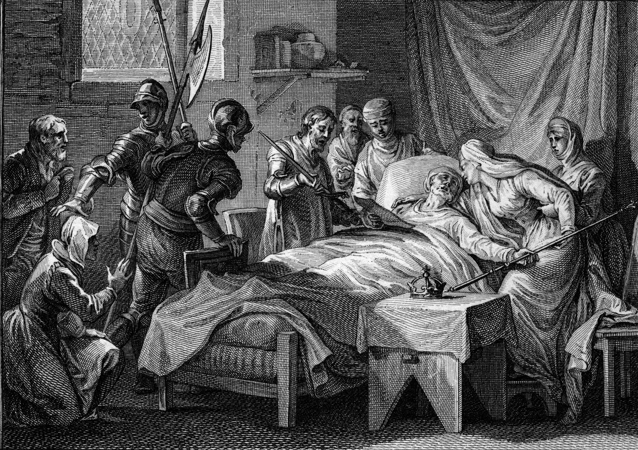 Death and succession of Charles II the Bald (823-877), 877: the king handed over to the empress the imperial crown, his golden sceptre, the sword of Saint Peter and a testament by which he designates his son Louis the Stammerer for inheritance. Engraving b by Jean Michel the Younger Moreau