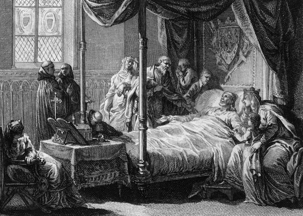 Death of Dagobert I in the presence of his wife, Queen Nantilde, and his son, the future Clovis II (engraving by Jean Michel Moreau) by Jean Michel the Younger Moreau
