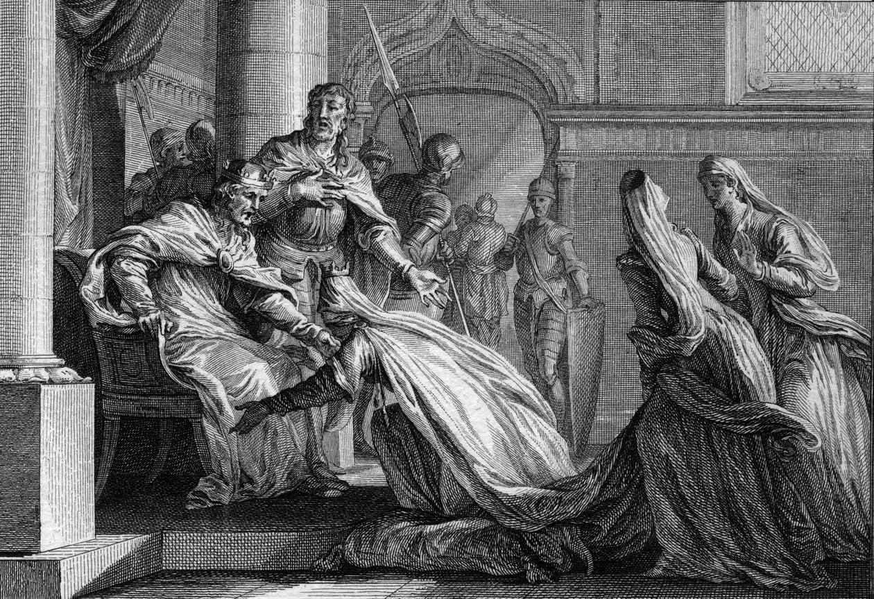 Emma of France prostrates to her feet. Married to Raoul of Burgundy, she decided to give the crown of France to her husband (engraving) by Jean Michel the Younger Moreau