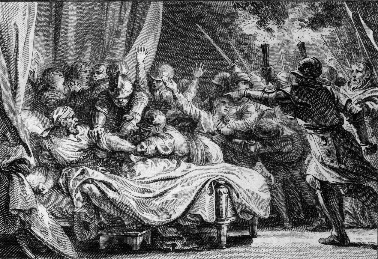 End of the Carolingian dynasty, 988: arrest of Charles (953-991), Duke of Lower Lorraine, by Hugues Capet (941-996) and his army. Engraving by Jean Michel Moreau, dit Moreau le Jeune (1741-1814) by Jean Michel the Younger Moreau