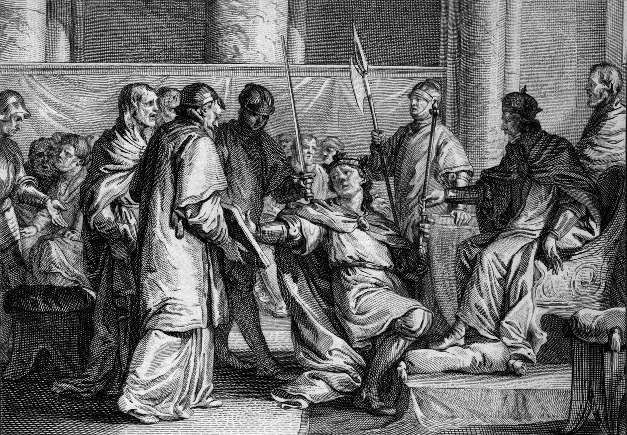 Erispoe (died 857), King of Brittany, received the ornaments of the kingdom from the hands of Charles II the Bald (823-877), 851. Engraving by Jean Michel Moreau, called Moreau the Younger (1741-1814) by Jean Michel the Younger Moreau
