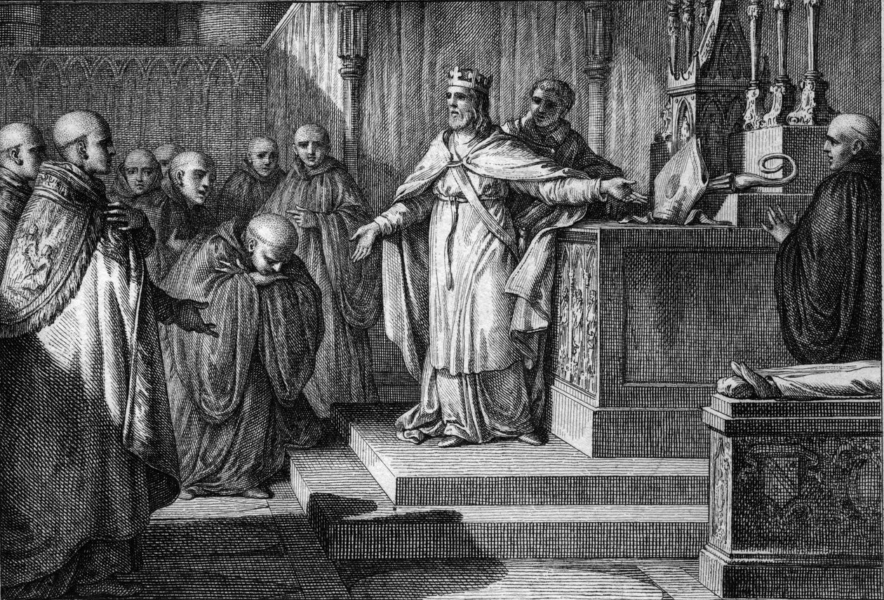 Hugues Capet (941-996) re-established the canonical elections: the king of the Franks allowed the monks to elect their abbots by placing on an altar a crosier and a mitre. Engraving by Jean Michel Moreau, dit Moreau le Jeune (1741-1814) by Jean Michel the Younger Moreau