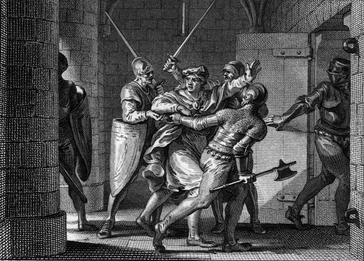 Imprisonment of Charles III the Simple (879-929), 923: Believing to find refuge with Herbert of Vermandois, the former king of the Franks was betrayed by the latter and sent to prison. Engraving by Jean Michel Moreau, dit Moreau le Jeune (1741-1814) by Jean Michel the Younger Moreau