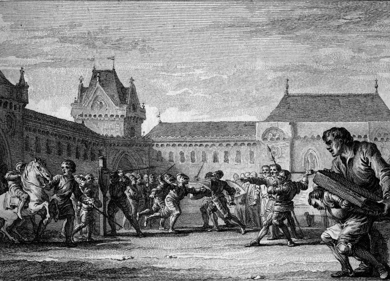 Institution of pages: establishment of training in the physical and domestic tasks of the page metier. Carolingian period, reign of Charlemagne, 8th-9th century. Engraving by Jean Michel Moreau, dit Moreau le Jeune (1741-1814) by Jean Michel the Younger Moreau