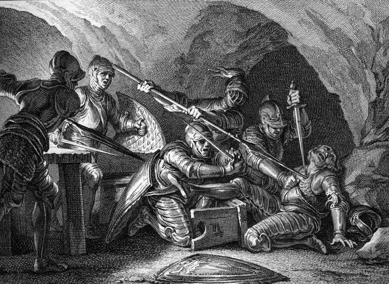 Meeting of the Duchy of Aquitaine to the Crown: Assassination of Waifre, Duke of Aquitaine (767 or 768). Engraving by Romanet after Moreau le jeune (1779). by Jean Michel the Younger Moreau