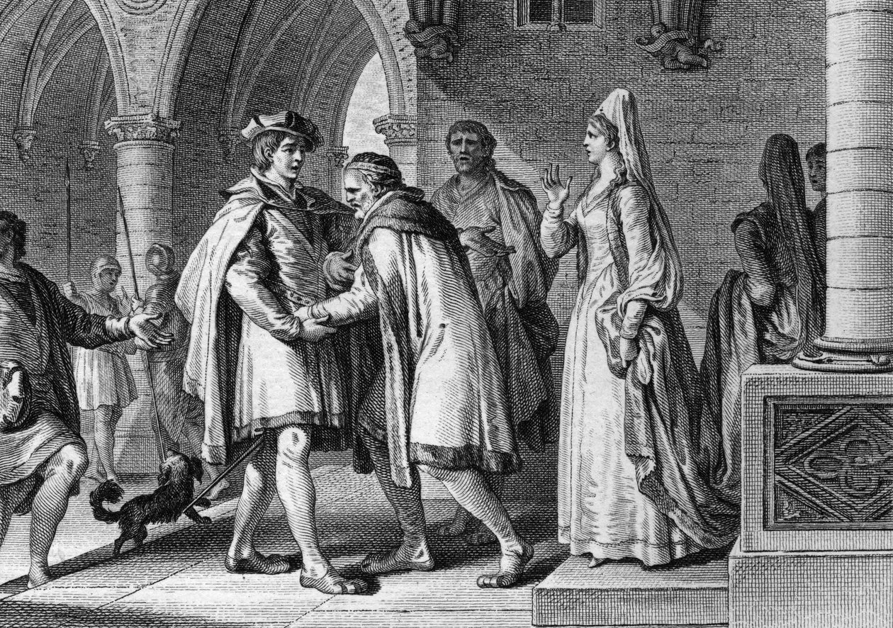 Philip I (1052-1108), King of the Francs, visiting the court of the Count of Anjou, Foulques le Rechin (1042-1109). This journey is a pretext for arranging his marriage to Bertrade de Montfort (around 1070-1118), wife of Count. 1095. Engraving by Jean Mich by Jean Michel the Younger Moreau