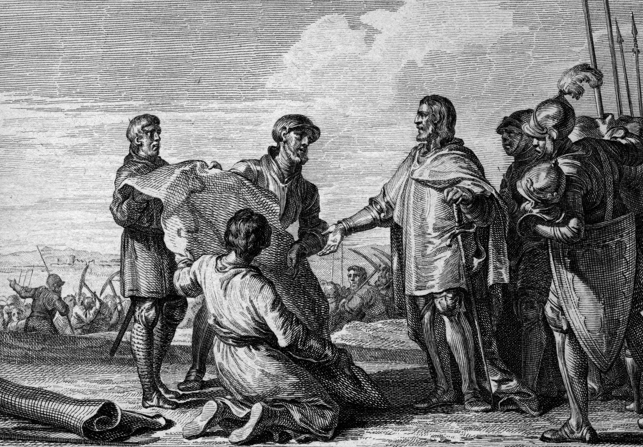Project of a canal between the Rhine and the Danube, 793: Charlemagne (747-814) visiting the canal site to connect the North Sea to the Black Sea. Engraving by Jean Michel Moreau, dit Moreau le Jeune (1741-1814) by Jean Michel the Younger Moreau