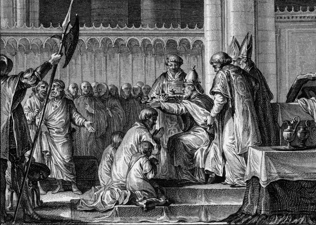 Sacred Pepin the Brief, Basilica of Saint Denis, 28 July 754. Engraving by Jean Michel the Younger Moreau