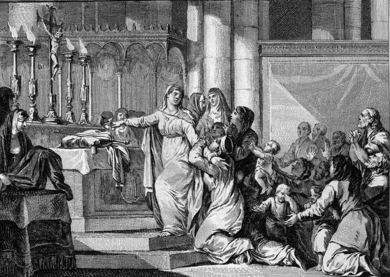 Sainte Bathilde (or Batilde, Bathylle, Beaudour) (626-680), Queen of the Francs and widow of Clovis II, decided to take the veil in the monastery of Chelles in 665. His subjects try to stop him. Engraving by Jean Michel Moreau, dit Moreau le Jeune (1741-18 by Jean Michel the Younger Moreau