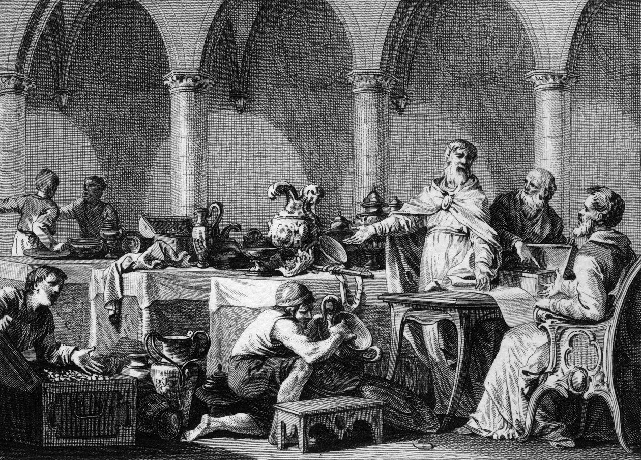 Sharing of the Treasures of Dagobert I after his death (engraving by Jean Michel Moreau) by Jean Michel the Younger Moreau