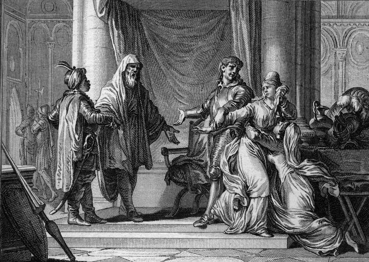 The Princess of Aquitaine, Lampagie, was forcibly married by her father (Eudes) to Moorish captain Munuza (Uthman ibn Naissa) in order to secure peace with the Saracens, 730. Engraving by Jean Michel Moreau, dit Moreau le Jeune (1741-1814) by Jean Michel the Younger Moreau