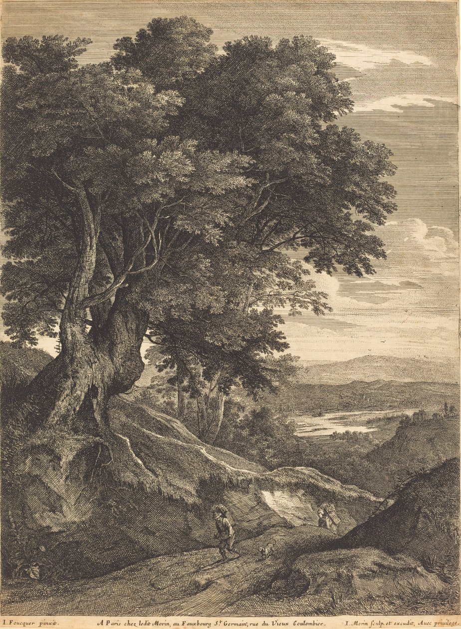 Hilly Landscape with Travelers on Foot by Jean Morin, after Jacques Fouquières