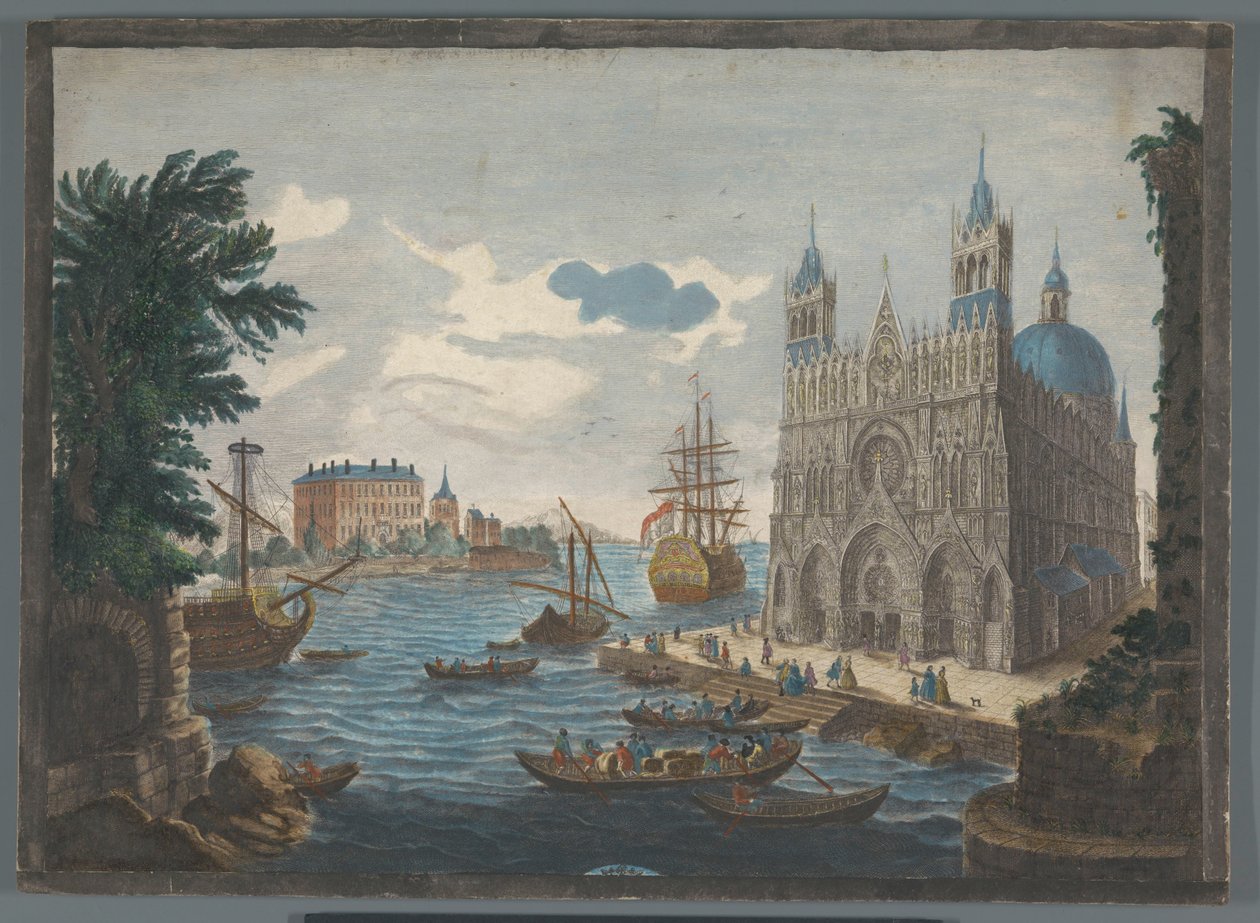 View of a Gothic Cathedral by the Water by Jean Moyreau