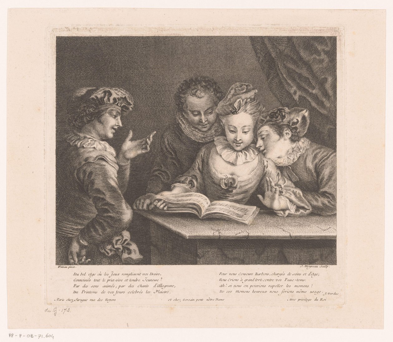Young Woman Singing and Three Young Men at a Table Oeuvre of Antoine Watteau (series title) by Jean Moyreau