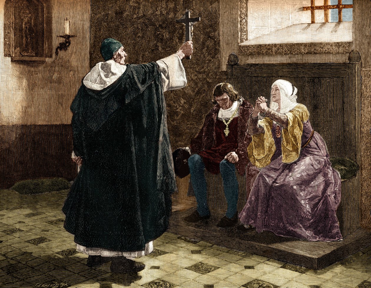 The great Spanish inquisitor, Fray Tomas de Torquemada, among the Catholic kings Ferdinand II and Isabella I of Castile by Jean Paul (after) Laurens