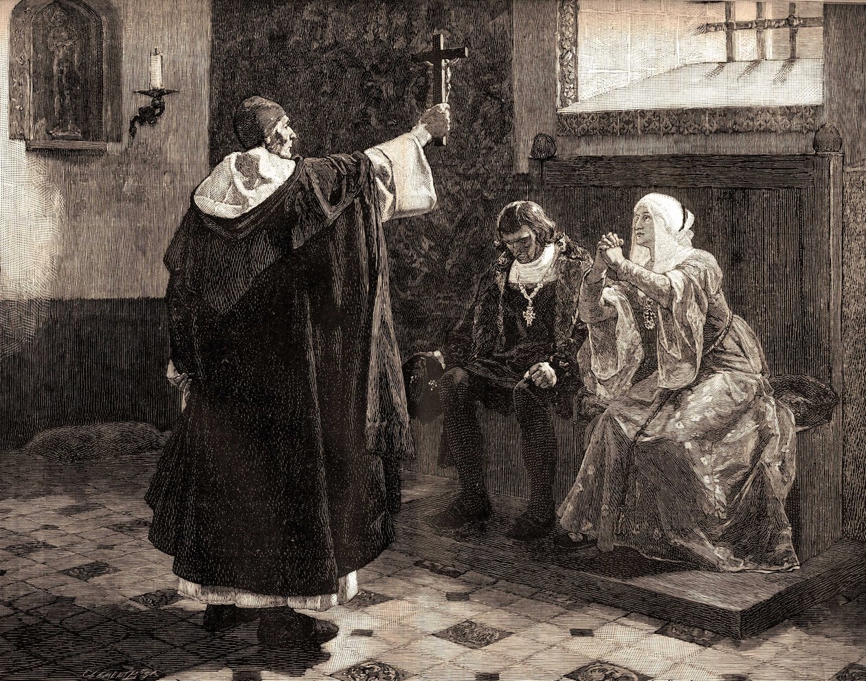 The great Spanish inquisitor, Fray Tomas de Torquemada (1420-1498), among the Catholic kings Ferdinand II of Aragon and Isabella of Castile by Jean Paul (after) Laurens