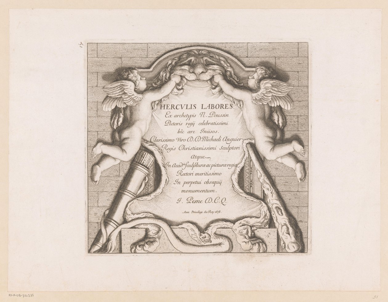 Title Print with Two Putti and the Attributes of Hercules from Works of Hercules (series title) by Jean Pesne