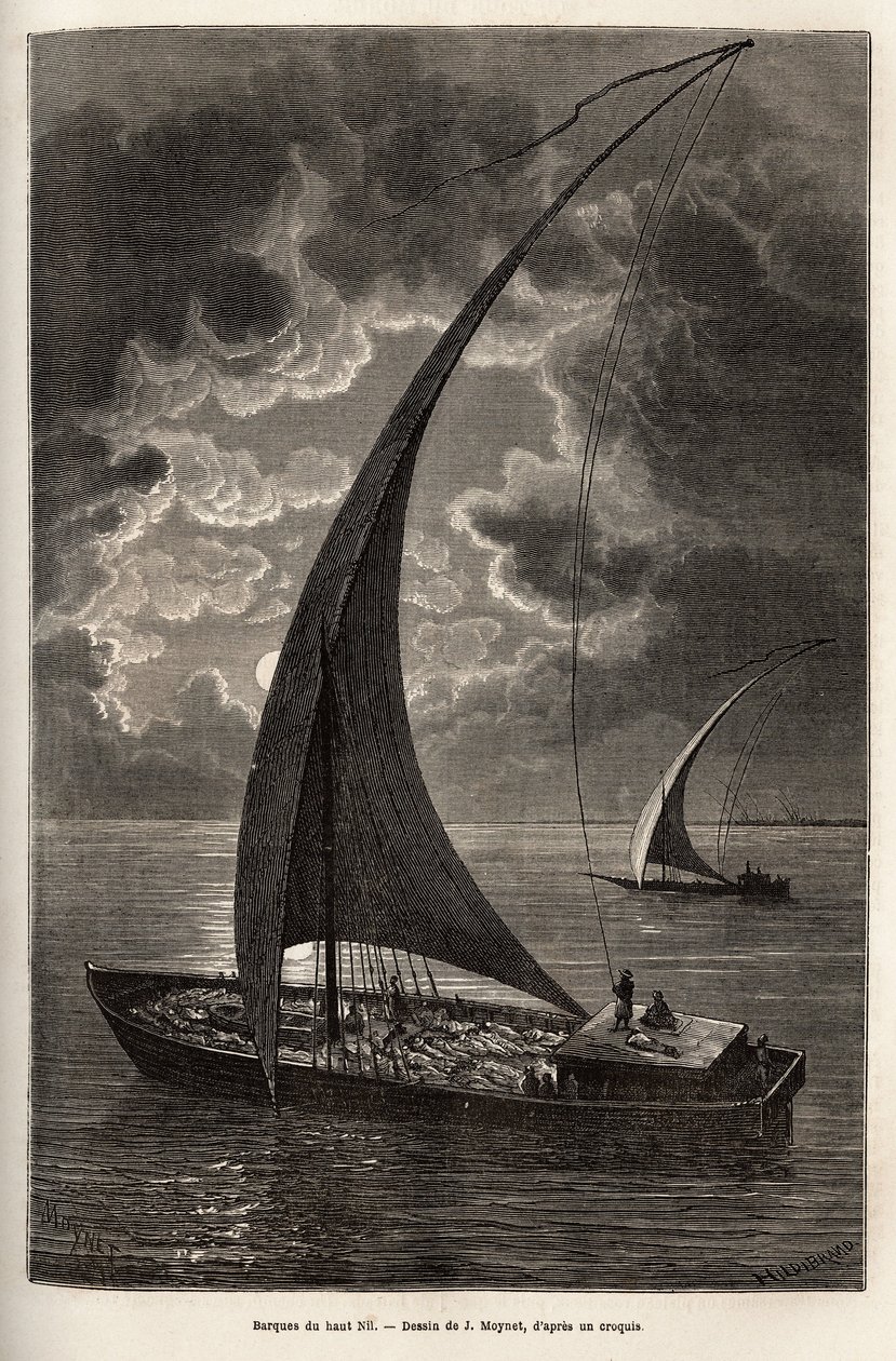 The boats of the upper Nile, reduced crew and passengers sleeping on deck, in moonlight, engraving after J.Moynet