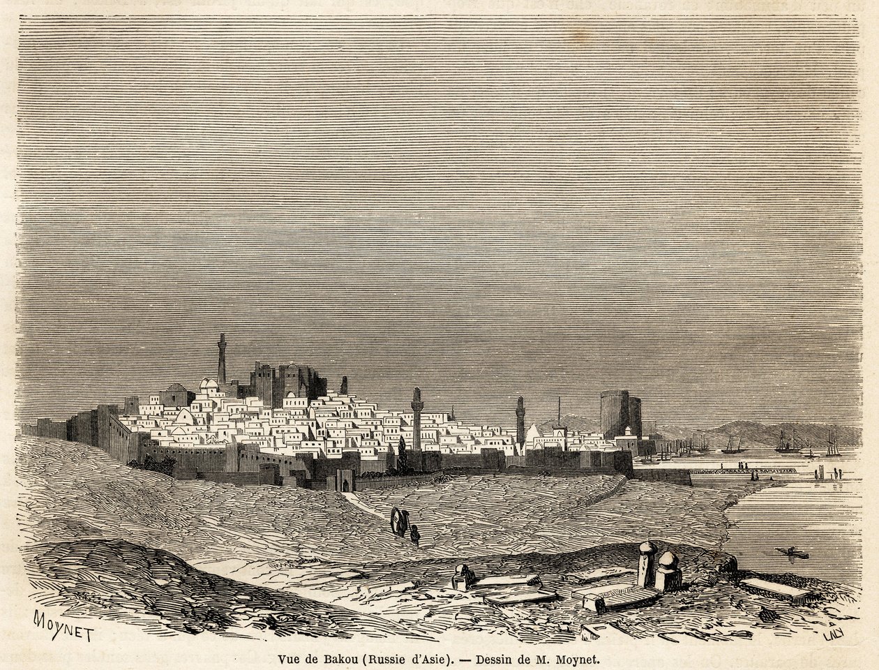 View of Baku, drawing by Mr. Moynet, to illustrate the voyage to the Caspian Sea coast, in October 1858, by Mr. Moynet. Engraving in 