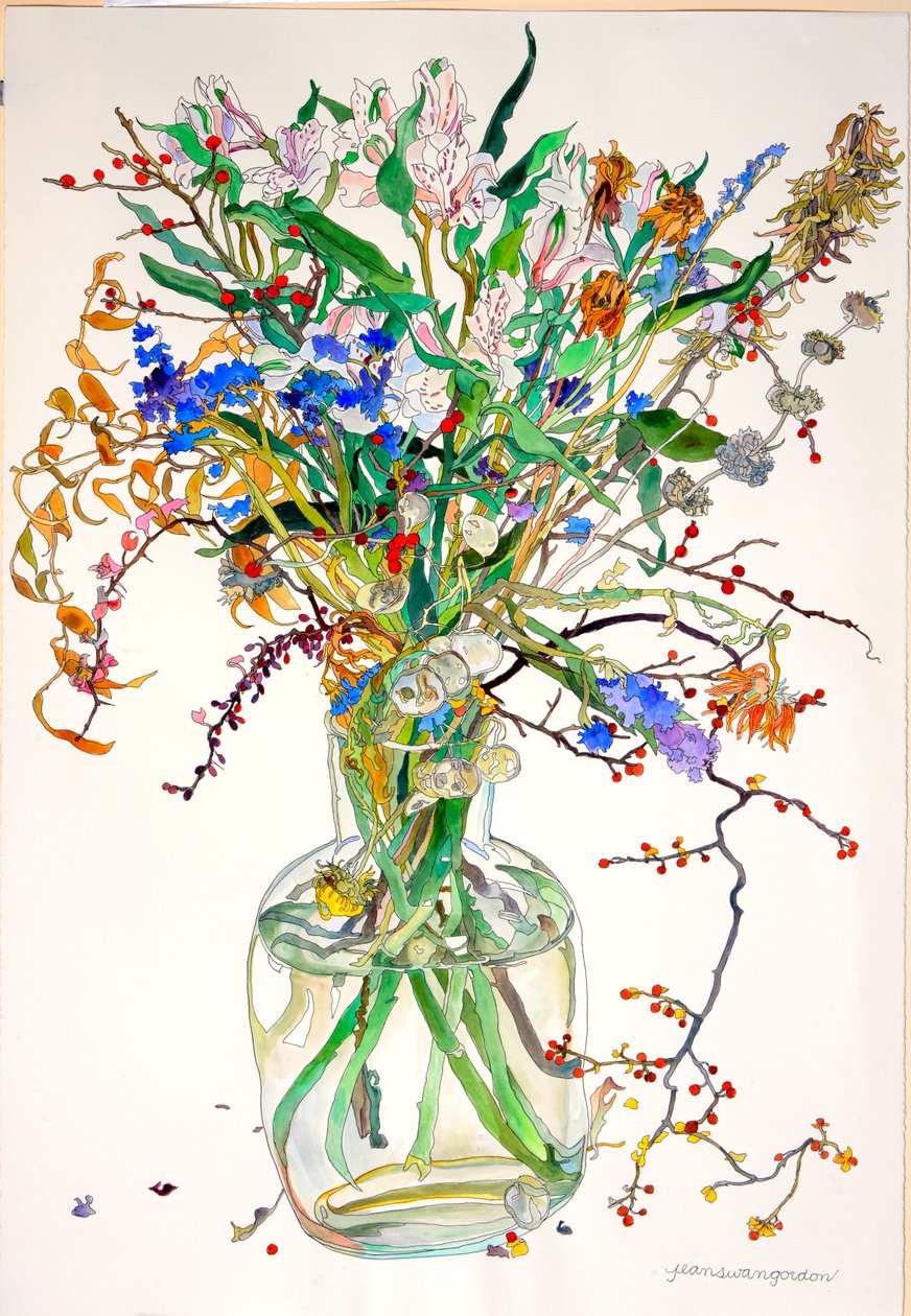 Alstroemeria, Statice, Honesty Calendula, Dry Leaves, Berries by Jean Swan Gordon