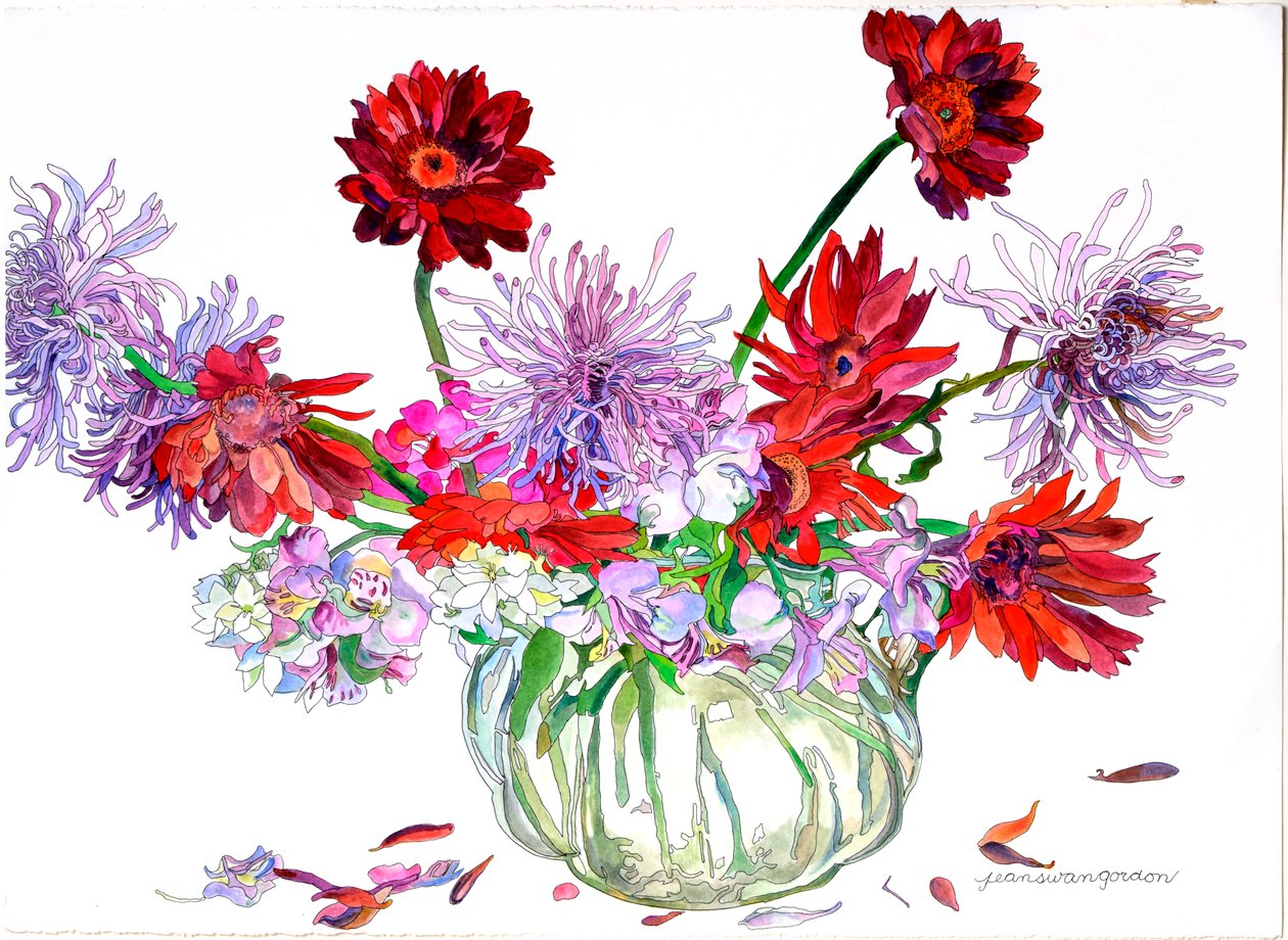 Gerbera Daisies, Star of Bethlehem, Spider Chrysanthemums, Heisey Pitcher, 2000 by Jean Swan Gordon