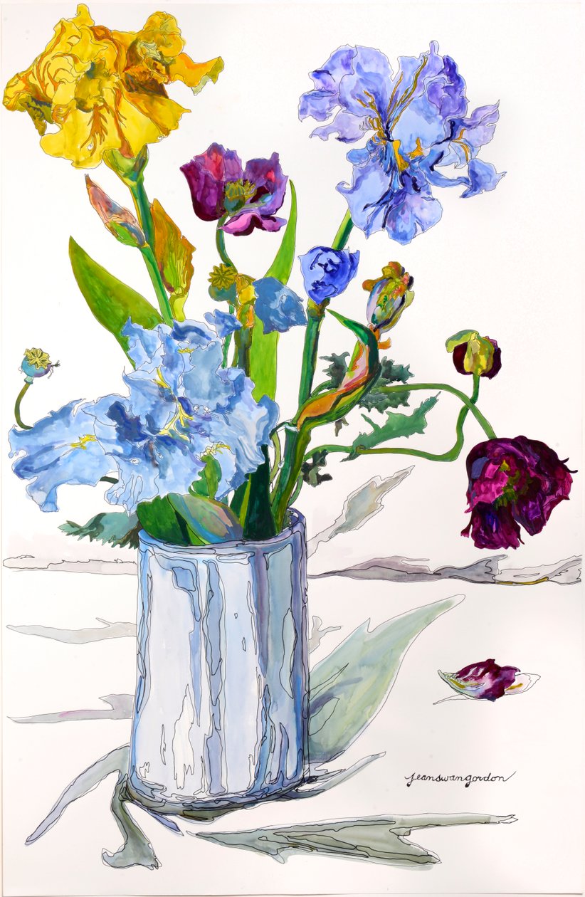 Irises, Poppies in Silver Vase by Jean Swan Gordon
