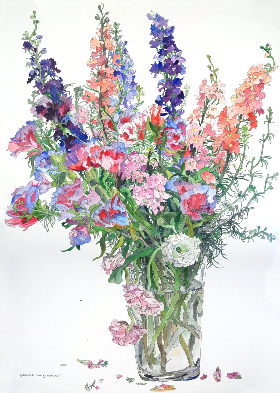 Ranunculus, Godetia, Delphiniums, 2000 by Jean Swan Gordon