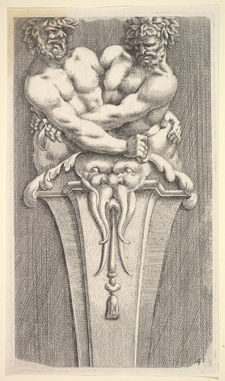 Design for a Term with Two Bacchic Figures, from: Curieuses recherches de plusieurs beaus ..., 1645 by Jean le Pautre
