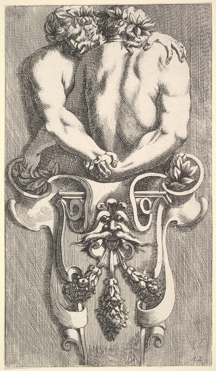 Design for a Term with Two Embracing Satyrs, from: Curieuses Recherches de Plusieurs Beaux by Jean le Pautre