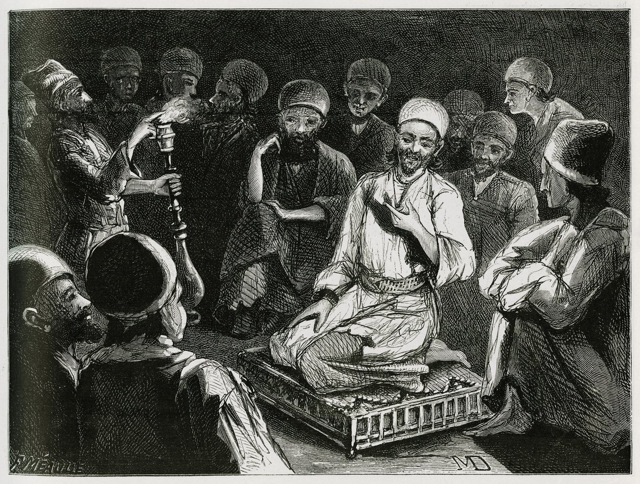 Persian storyteller surrounds his audience. Engraving to illustrate the story 
