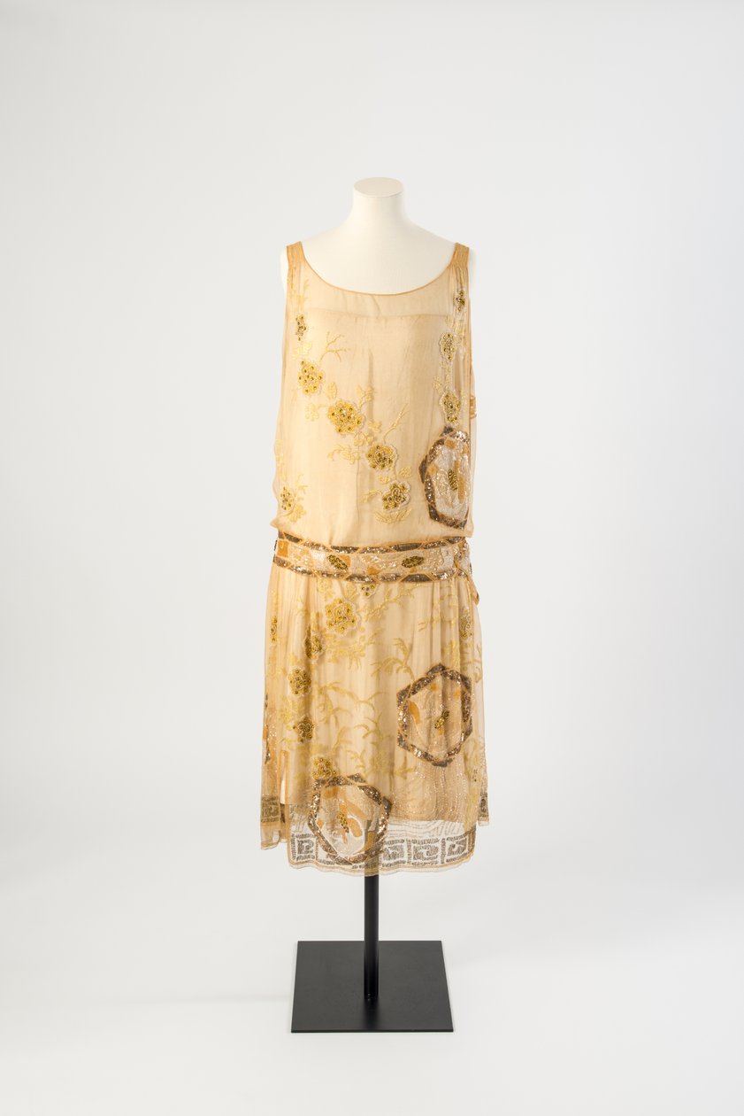 Lemon yellow silk chiffon bead embroidered evening dress, 1927 by Jeanne Paquin