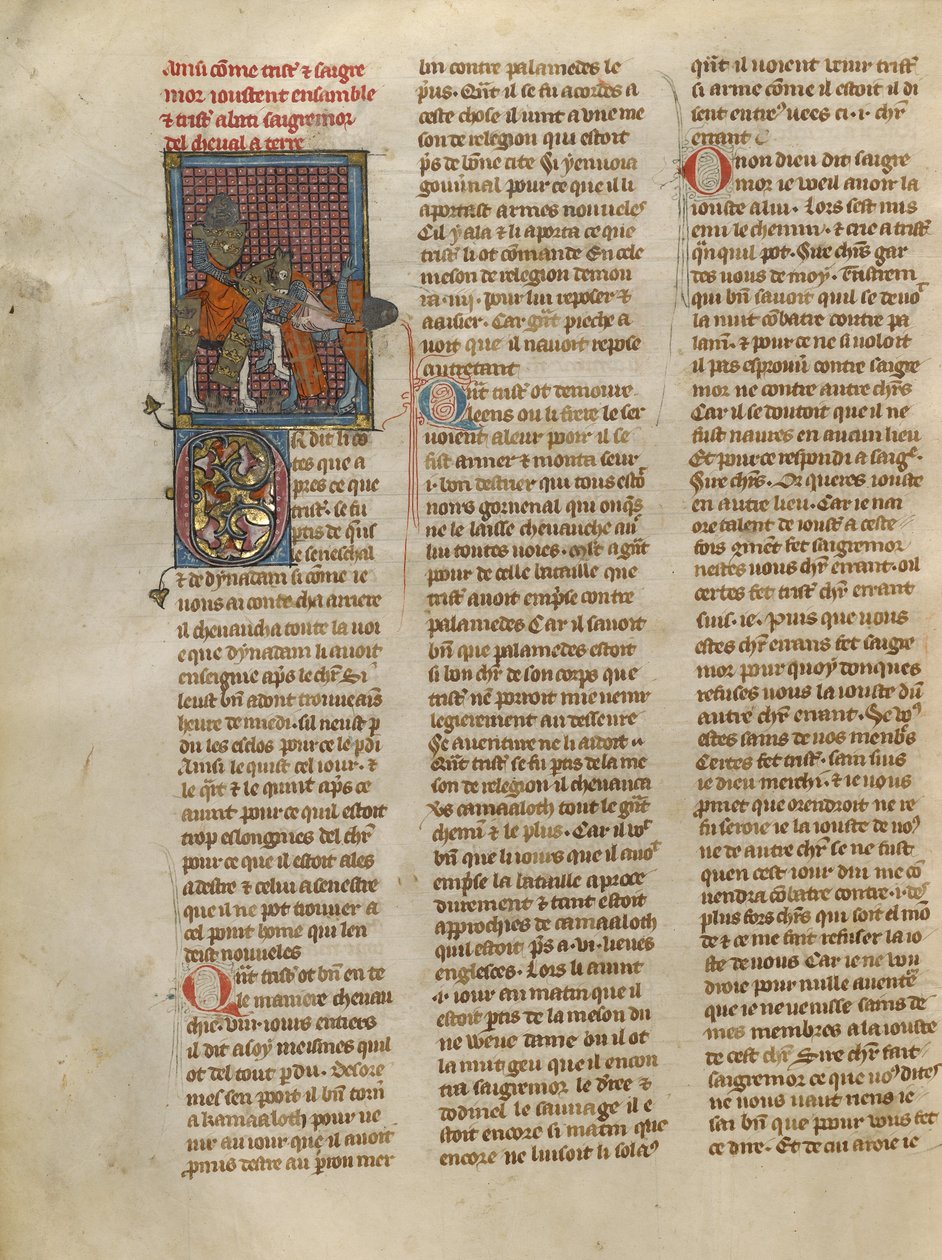 Tristan Unhorsing Sagremor by Jeanne de Montbaston
