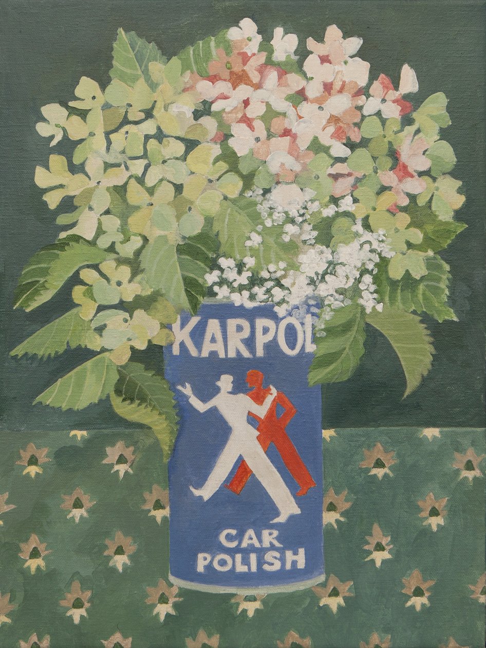 Hydrangeas in old car polish can by Jennifer Abbott