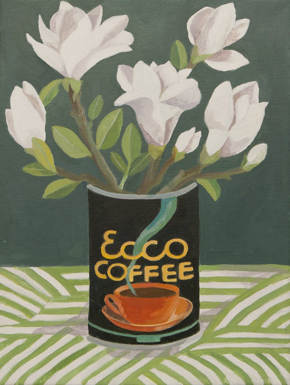 White magnolia in old coffee can by Jennifer Abbott