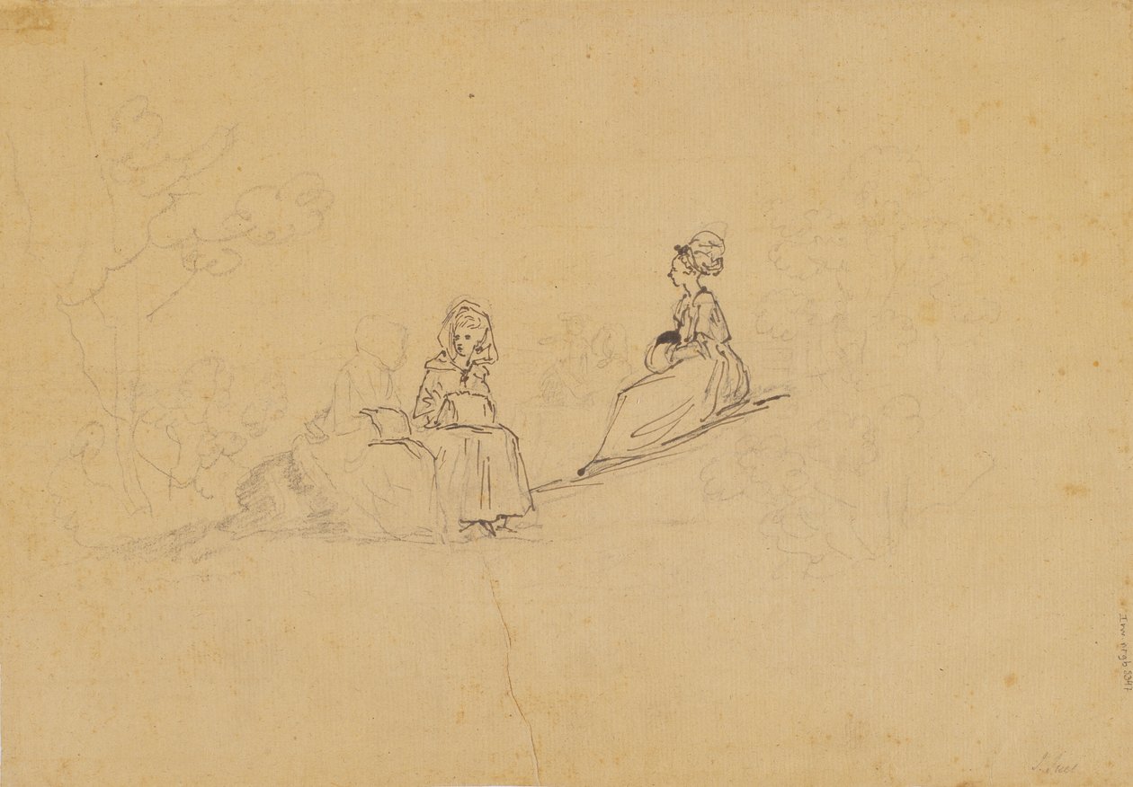 Three Ladies with Muffs on a Slope Outdoors, Behind Them a Fourth Figure with a Child in Arms by Jens Juel