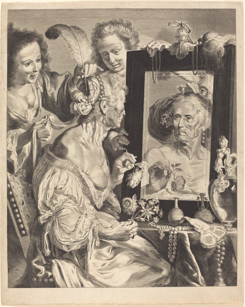 An Old Woman at the Toilet Table by Jeremias Falck after Johann Liss after Bernardo Strozzi