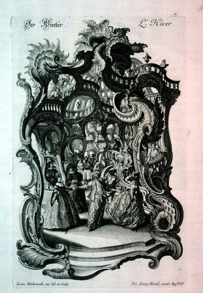 Winter, rococo music sheet depicting a fancy dress ball, pub. by Johann Georg Hertel by Jeremias Wachsmuth