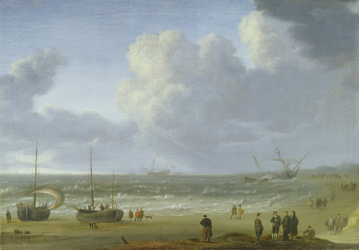 Ships in an Estuary with Fishermen by a Jetty by Jeronimus van Diest