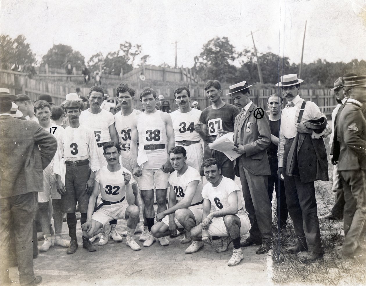 Group of Greek Athletes and Felix Carbejaldesoto of Cuba Posing on Track by Jessie Tarbox Beals