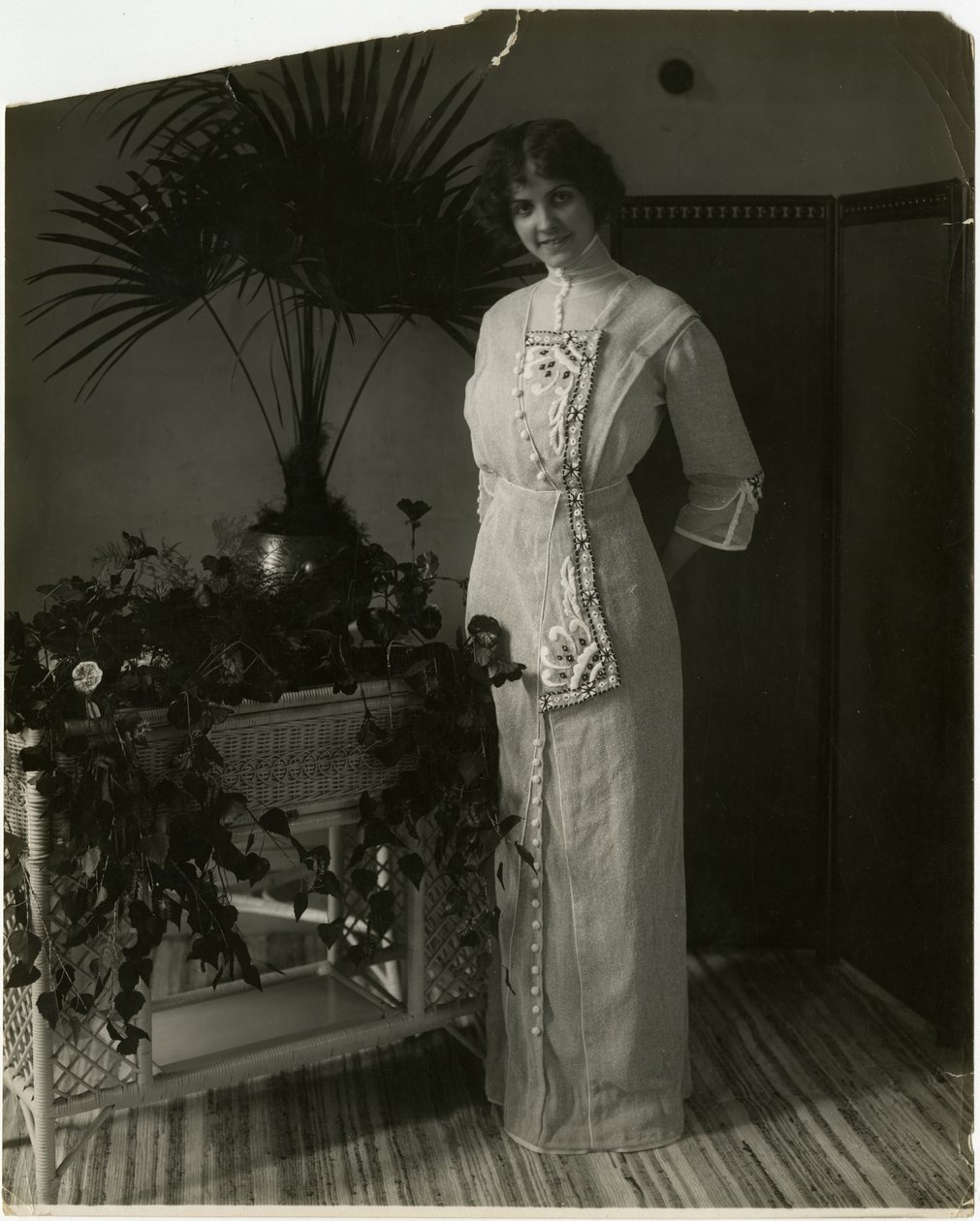 Grey Turkish material with black and white embroidery, Lord & Taylor, c.1905-18 by Jessie Tarbox Beals