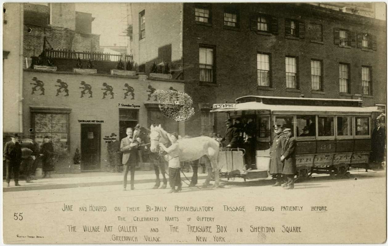 Jane and Howard on their bi-daily perambulatory passage pauding patiently before the celebrated marts of giftery The Village Art Gallery and The Treasure Box in Sheridan Square, Greenwich Village, New York, USA by Jessie Tarbox Beals