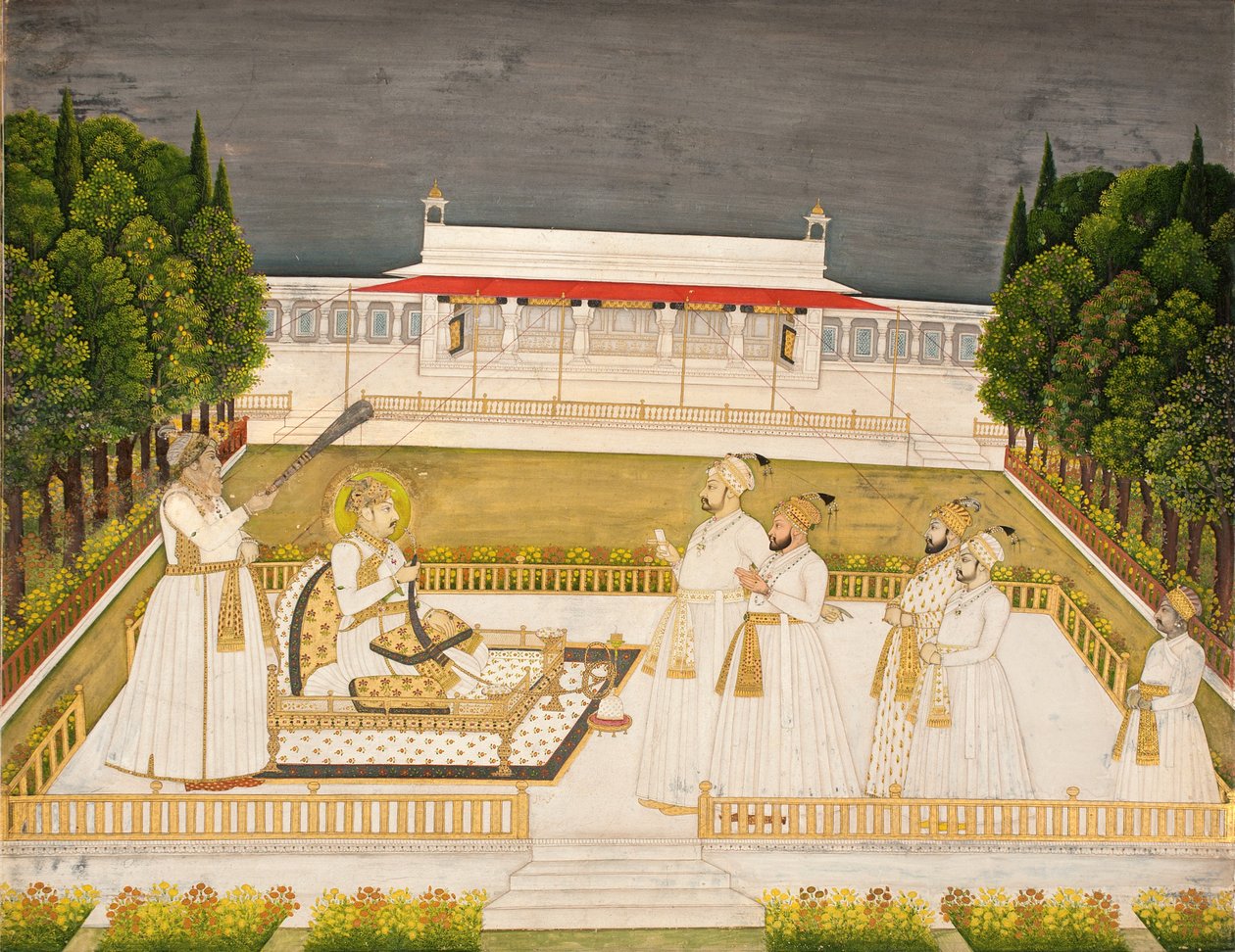 Muhammad Shah Enthroned on a Terrace at Night with His Officers by Jharokha Nidha Mal