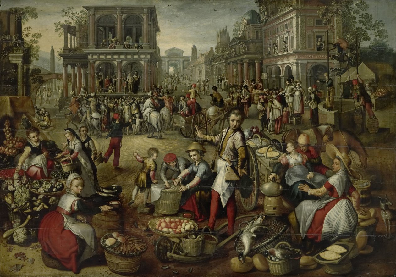 Marketplace, with the Flagellation, the Ecce Homo and the Bearing of the Cross in the background by Joachim Bueckelaer (copy after)