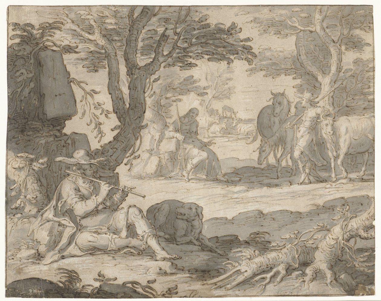 Apollo Playing the Flute While Herding the Flock of Admetus by Joachim Wtewael or Utewael